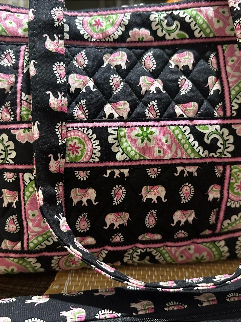 Vera Bradley Black Tote and Pouch with Pink and Green Elephant Print